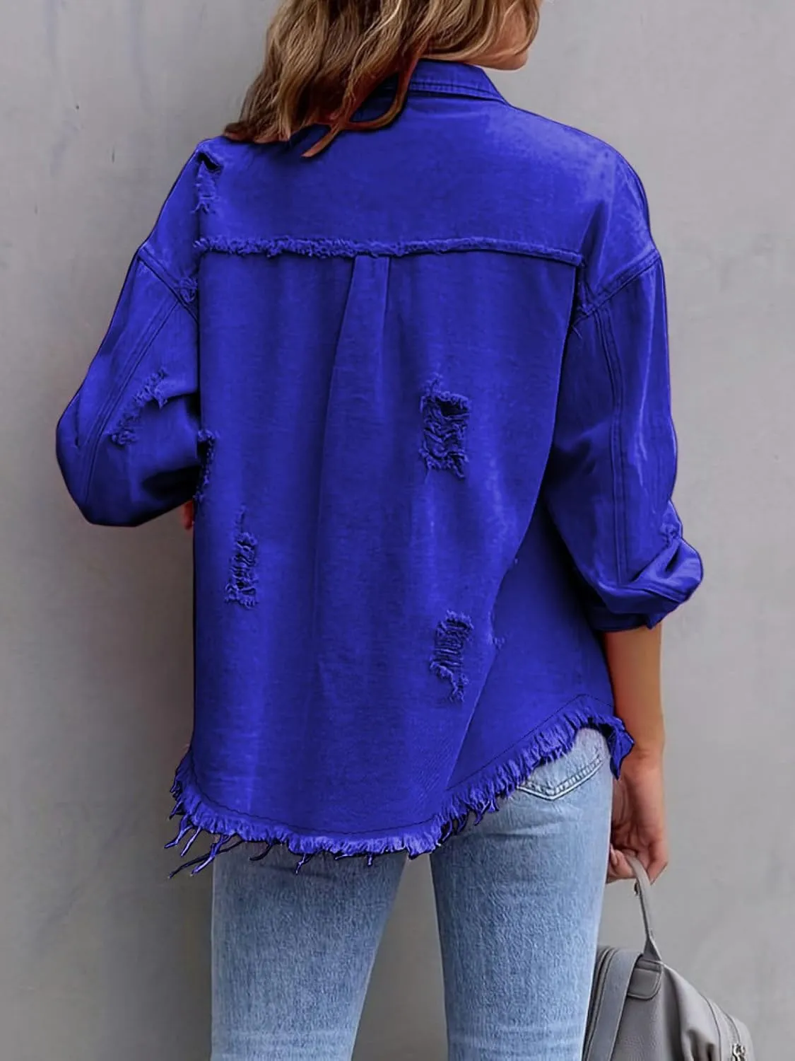Denim Jacket for Women 2024 Oversized Ripped Jean Jacket Boyfriend Button Down Shirt Frayed Denim Coat Shacket Jacket