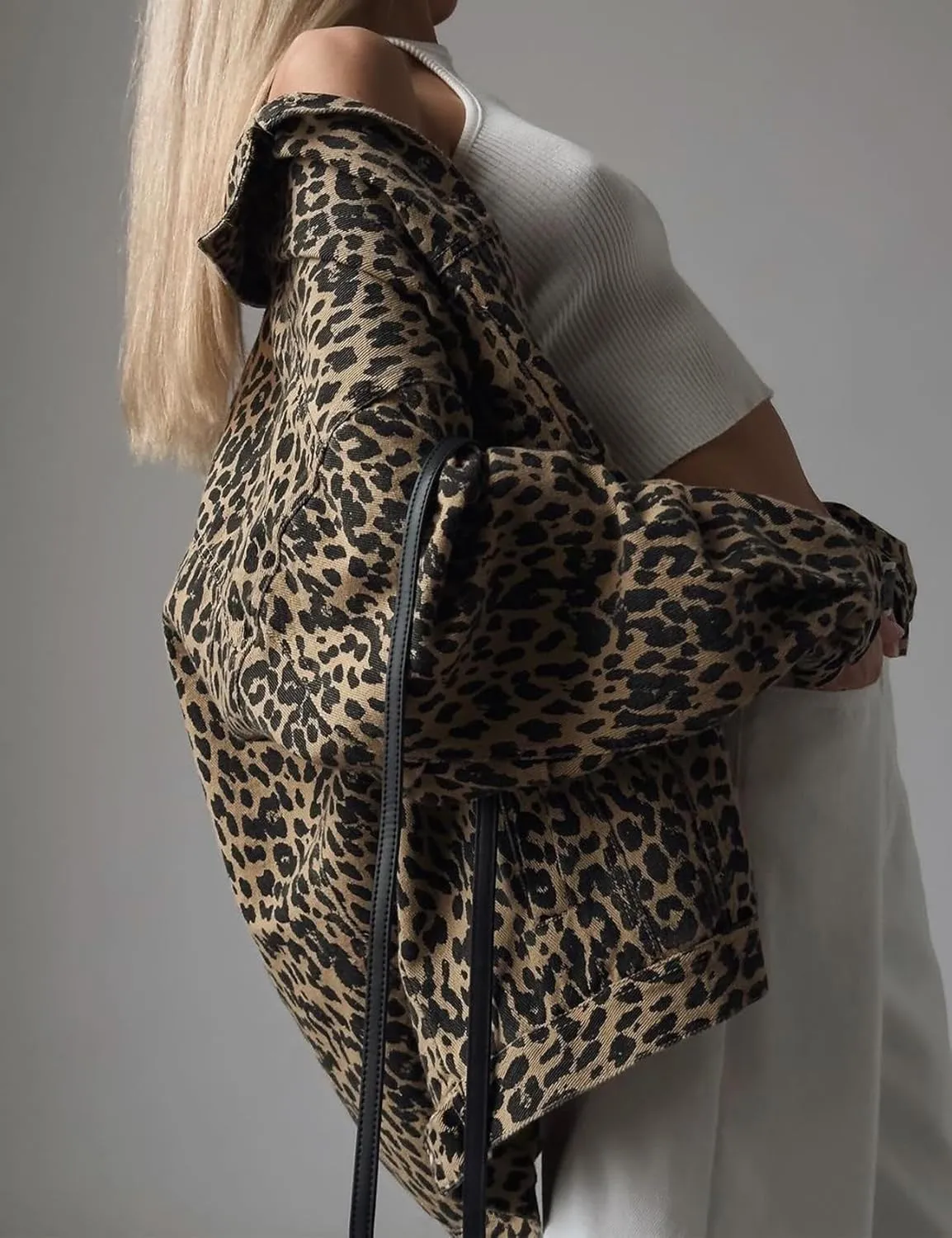 Denim Jacket for Women Leopard Print Jacket Cheetah Denim Bomber Jacket Retro Button-up Front Print Tops