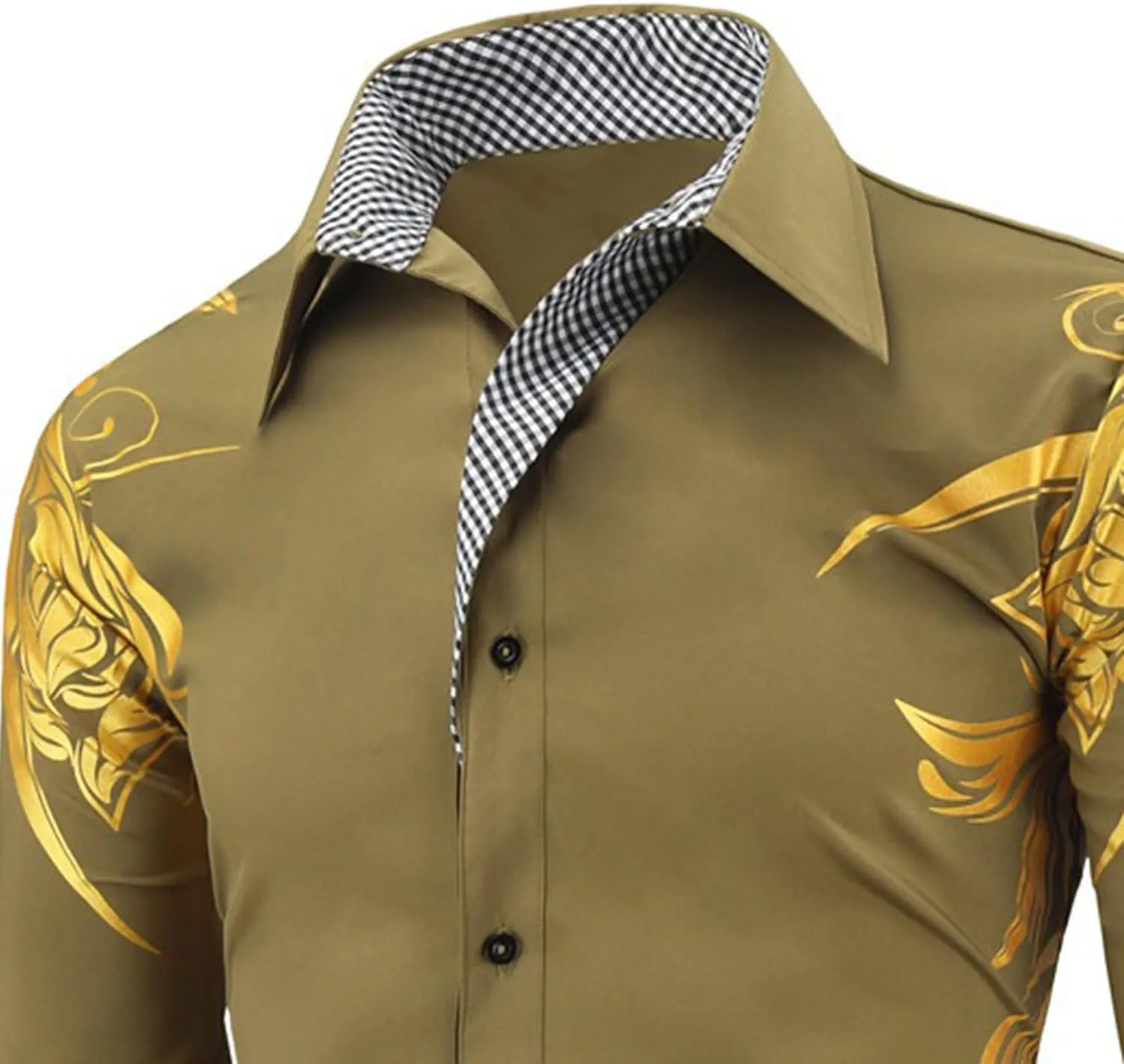 DGHM-JLMY Men's Totem Gold Printed Long Sleeve Shirt Hipster Slim Fit Button Up Party Dress Shirts Gold Shiny Stylish Shirt