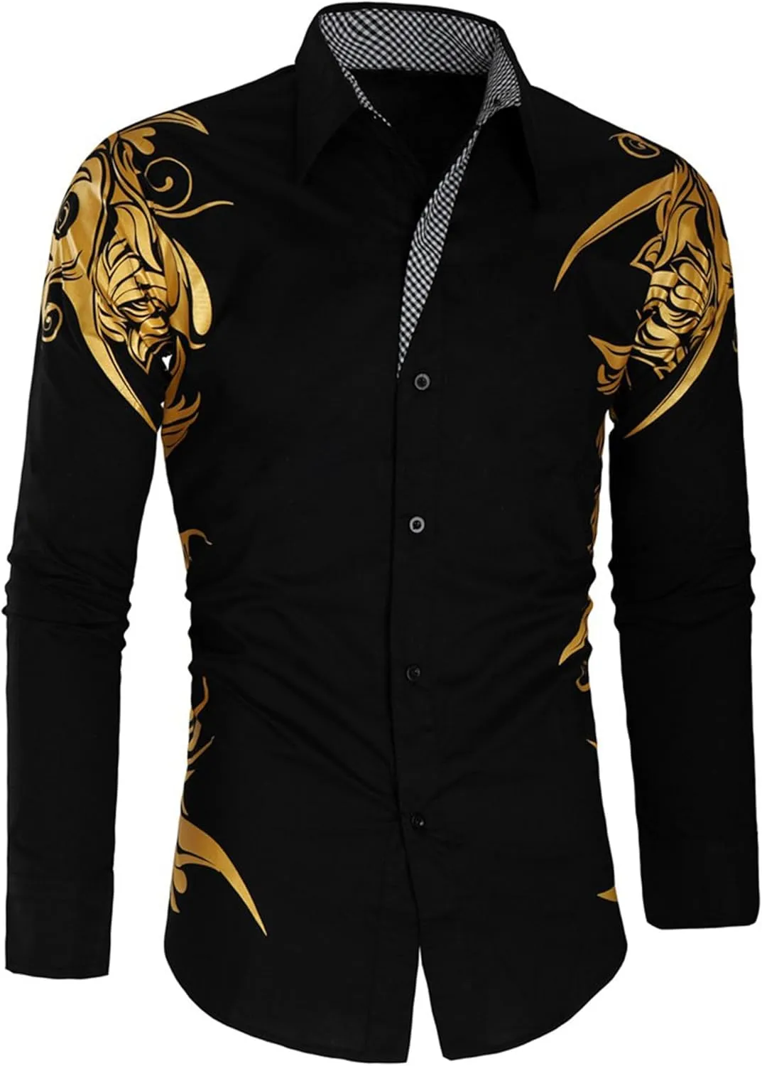 DGHM-JLMY Men's Totem Gold Printed Long Sleeve Shirt Hipster Slim Fit Button Up Party Dress Shirts Gold Shiny Stylish Shirt