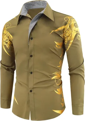 DGHM-JLMY Men's Totem Gold Printed Long Sleeve Shirt Hipster Slim Fit Button Up Party Dress Shirts Gold Shiny Stylish Shirt