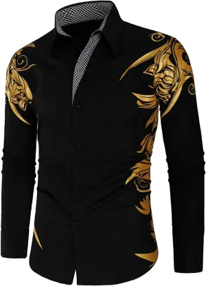 DGHM-JLMY Men's Totem Gold Printed Long Sleeve Shirt Hipster Slim Fit Button Up Party Dress Shirts Gold Shiny Stylish Shirt