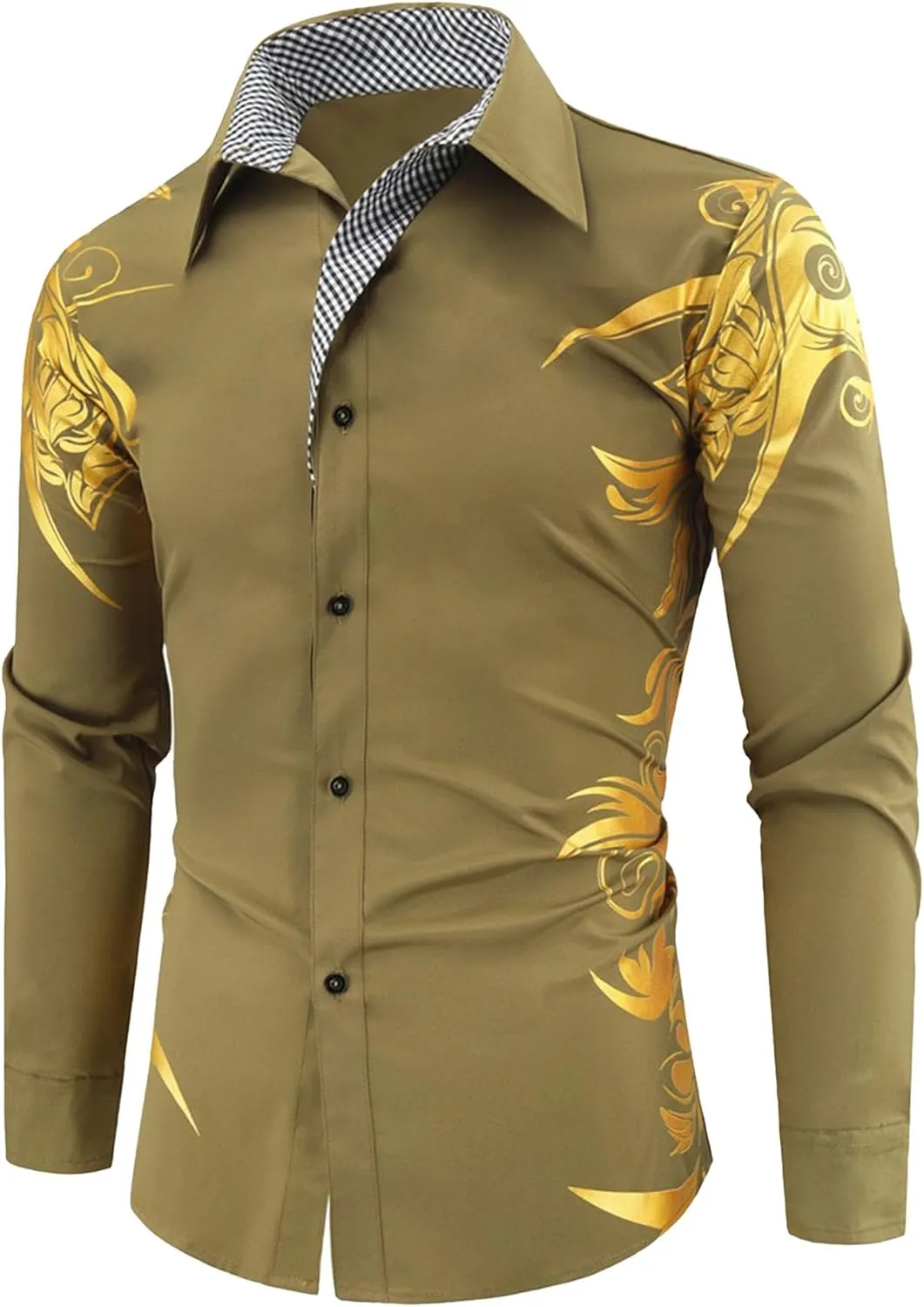 DGHM-JLMY Men's Totem Gold Printed Long Sleeve Shirt Hipster Slim Fit Button Up Party Dress Shirts Gold Shiny Stylish Shirt