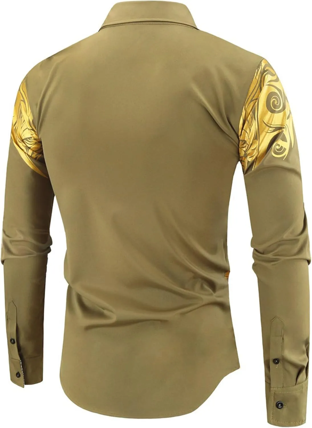 DGHM-JLMY Men's Totem Gold Printed Long Sleeve Shirt Hipster Slim Fit Button Up Party Dress Shirts Gold Shiny Stylish Shirt