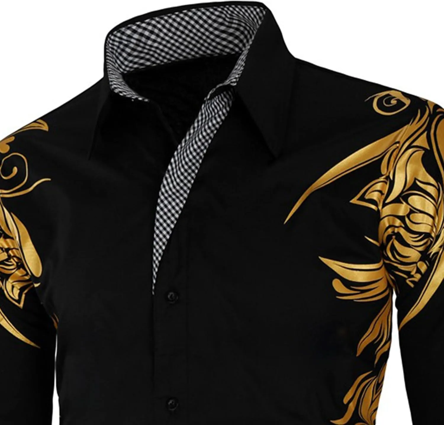 DGHM-JLMY Men's Totem Gold Printed Long Sleeve Shirt Hipster Slim Fit Button Up Party Dress Shirts Gold Shiny Stylish Shirt