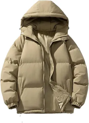 Disimlarl Men Cotton-Padded Coats Outdoor Puffer Jackets Solid Color Hooded Coat Casual Thick Warm Coat
