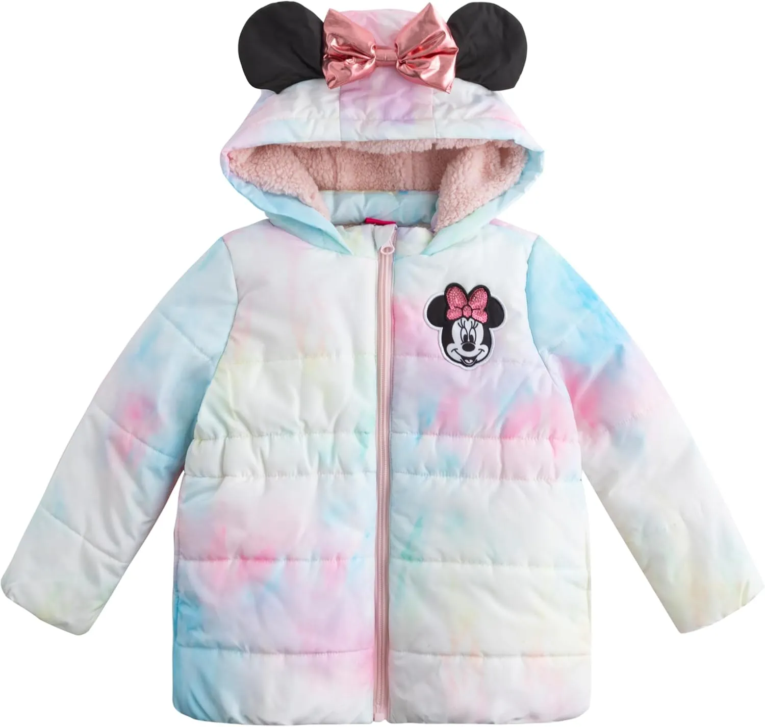 Disney Minnie Mouse Girls Puffer Jacket with Ears and Bow for Toddlers, Little Kids, and Big Kids