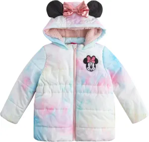 Disney Minnie Mouse Girls Puffer Jacket with Ears and Bow for Toddlers, Little Kids, and Big Kids