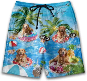 Dog Pool Party Mens Swim Trunks - Happy Dog Hawaiian Mens Shorts Casual - Summer Drawstring Beachwear Shorts PA92