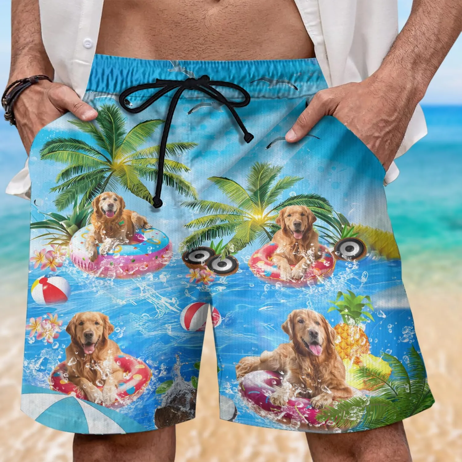 Dog Pool Party Mens Swim Trunks - Happy Dog Hawaiian Mens Shorts Casual - Summer Drawstring Beachwear Shorts PA92