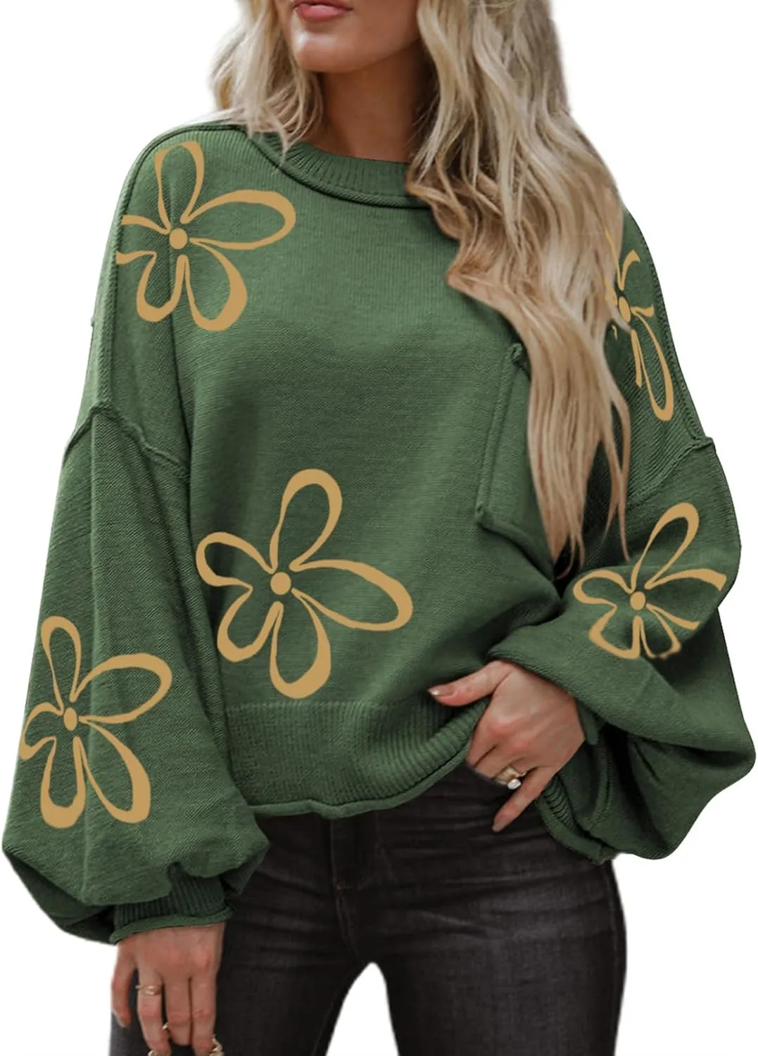 Dokotoo Women's Sweater 2024 Fall Winter Long Sleeve Casual Tops Ribbed Hem Knitwear Lantern Pullover Sweater
