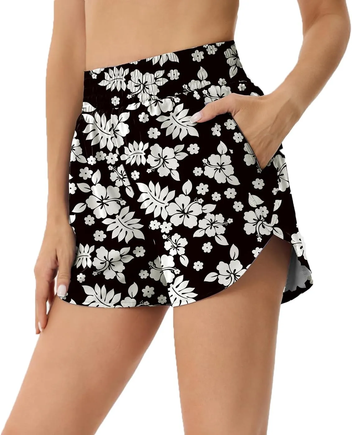 Elastic High Waisted Quick Dry Running Shorts for Women Athletic Workout Gym Dolphin Shorts with Zipper Pockets