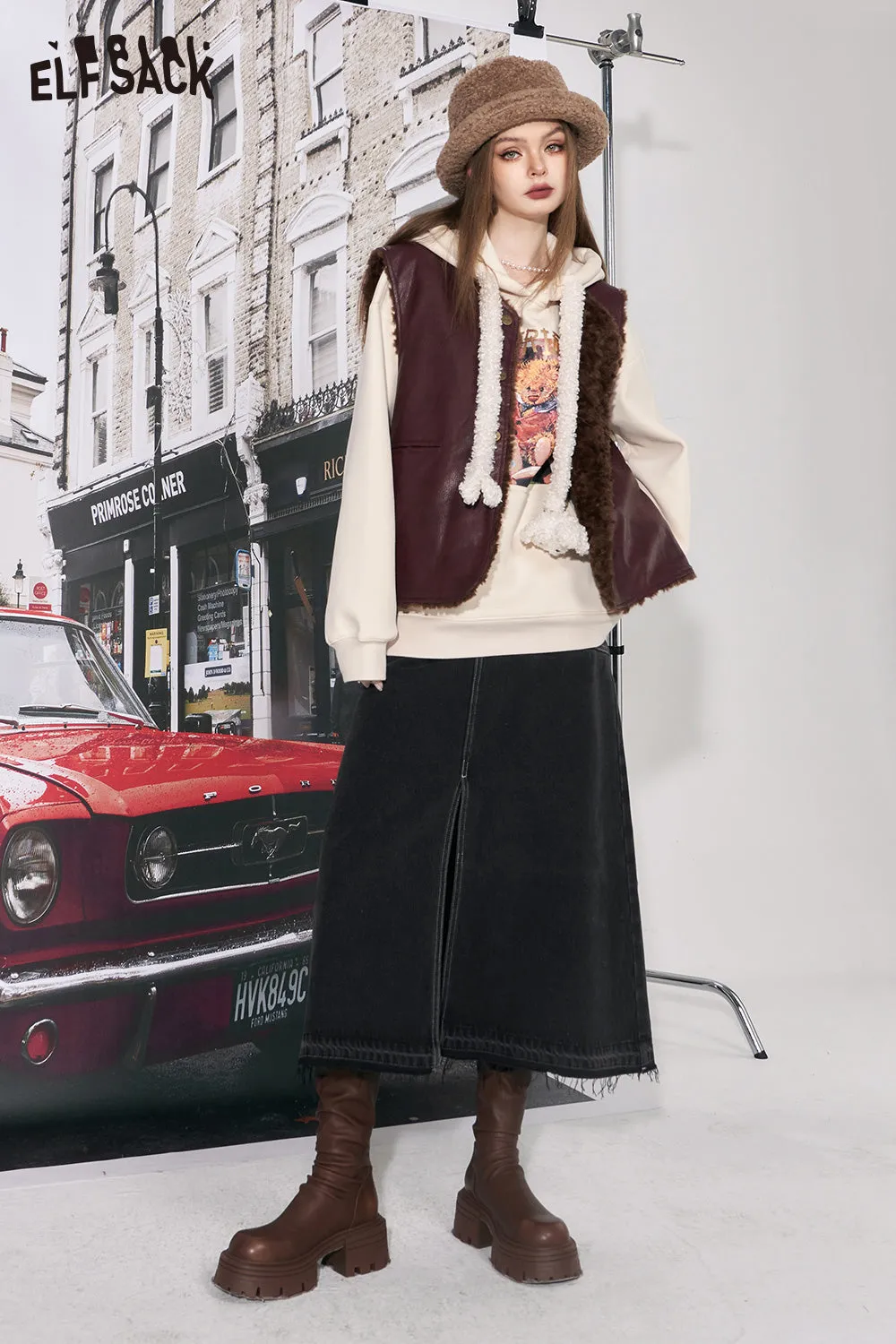 ELFSACK High Waist Denim Skirt Women 2023 Winter New Korean Fashion Bottom