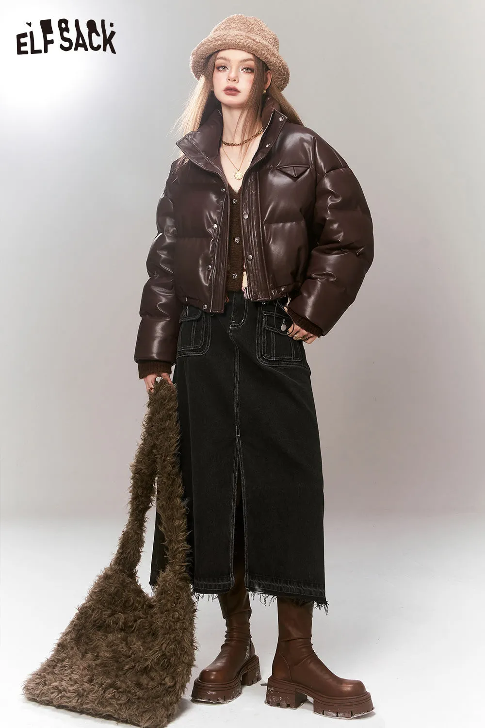 ELFSACK High Waist Denim Skirt Women 2023 Winter New Korean Fashion Bottom