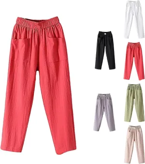 Endurancte Women's Loose Pants, Infinitne Fast Dry High Waist Cotton Trouser Cropped Solid Straight Wide Leg with Pockets