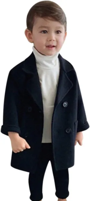 EnJoCho Toddler Baby Boys Winter Elegant Notched Collar Coat Double Breasted Trench Coat Warm Wool Pea Coat Jacket for Kids (Black-02#, 12-18 Months)