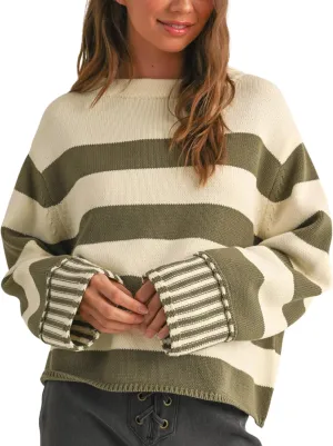 Esmeling Women's Casual Loose Striped Sweater Fall Long Sleeve Crew Neck Knitted Pullover Tops