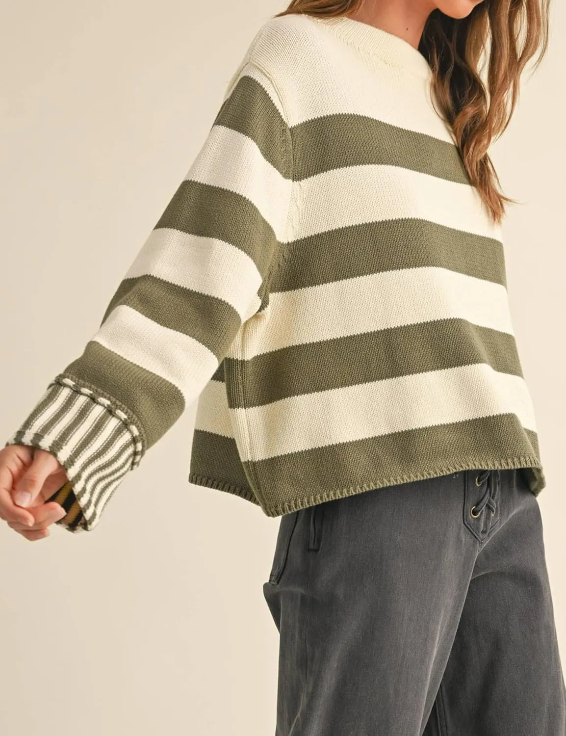 Esmeling Women's Casual Loose Striped Sweater Fall Long Sleeve Crew Neck Knitted Pullover Tops