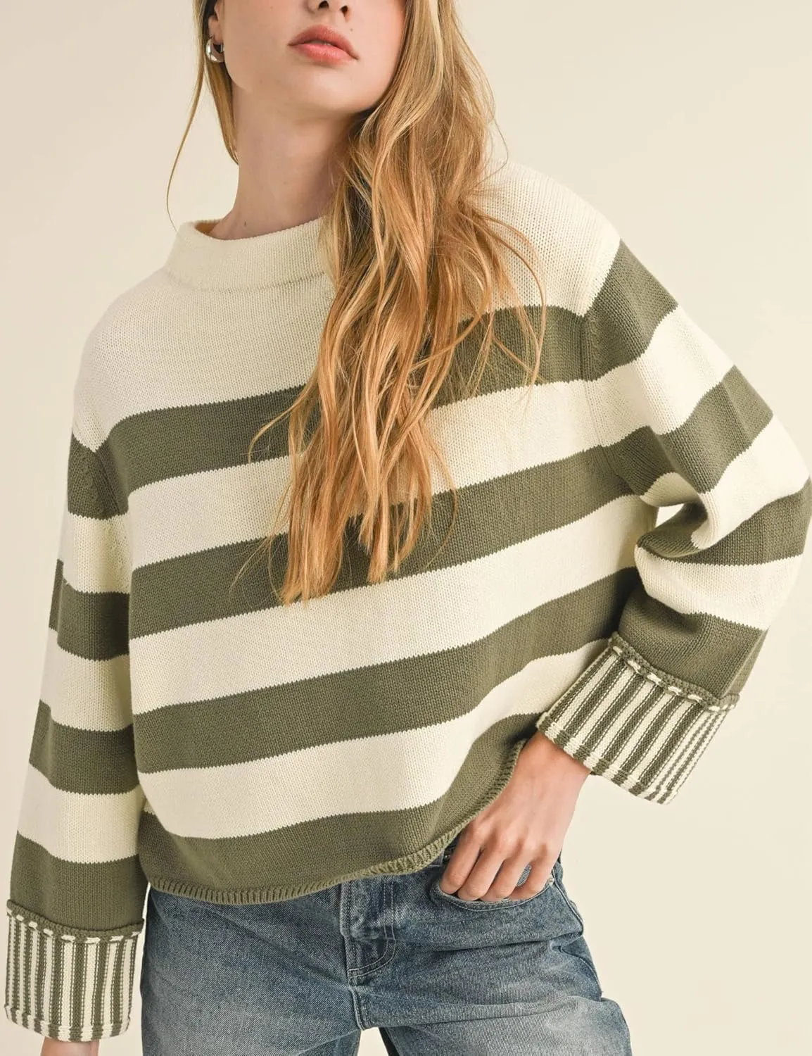 Esmeling Women's Casual Loose Striped Sweater Fall Long Sleeve Crew Neck Knitted Pullover Tops