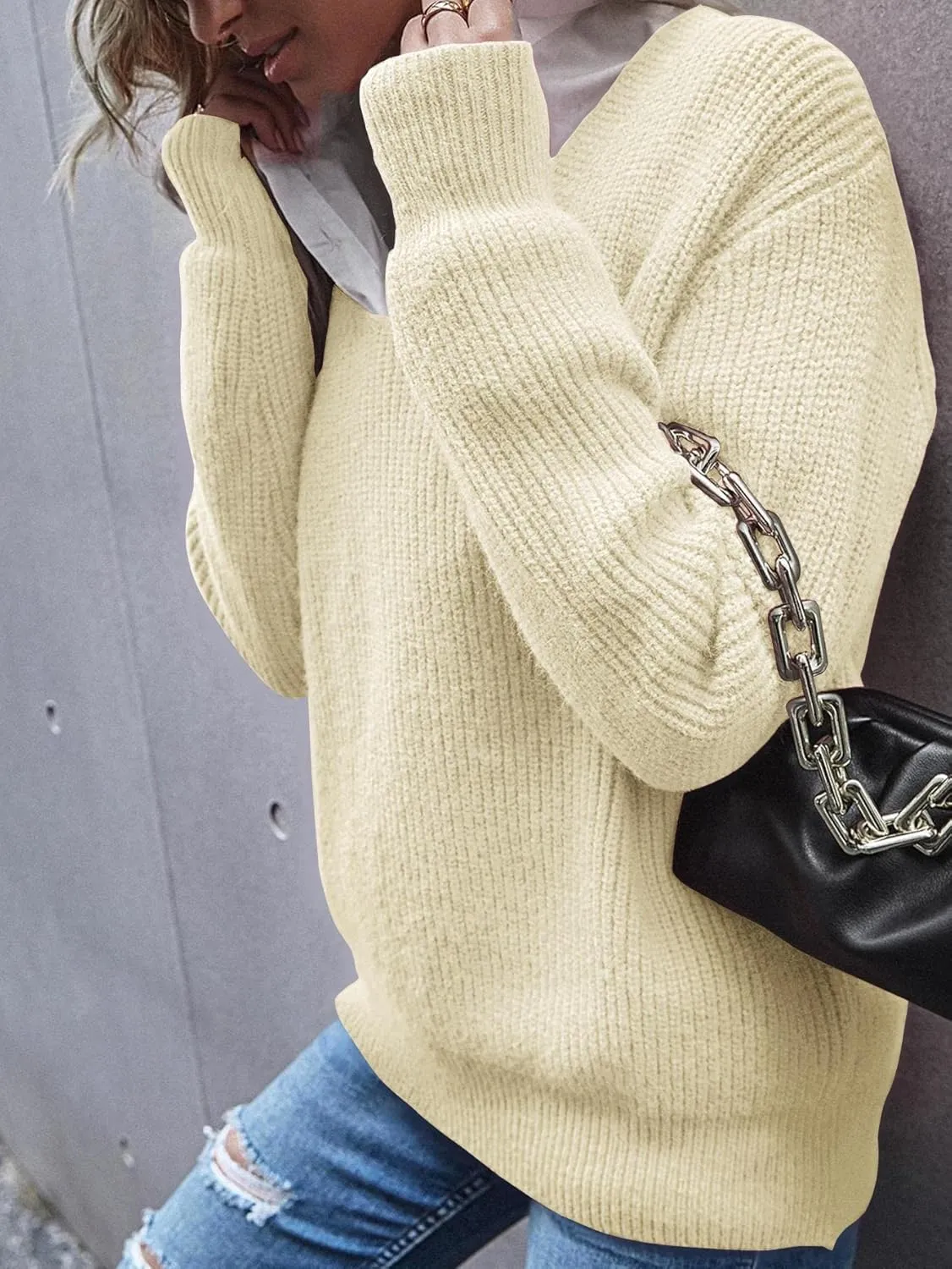 Eurivicy Women's Long Sleeve V Neck Pullover Tops Oversized Chunky Knitted Loose Jumper Sweaters