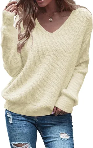 Eurivicy Women's Long Sleeve V Neck Pullover Tops Oversized Chunky Knitted Loose Jumper Sweaters