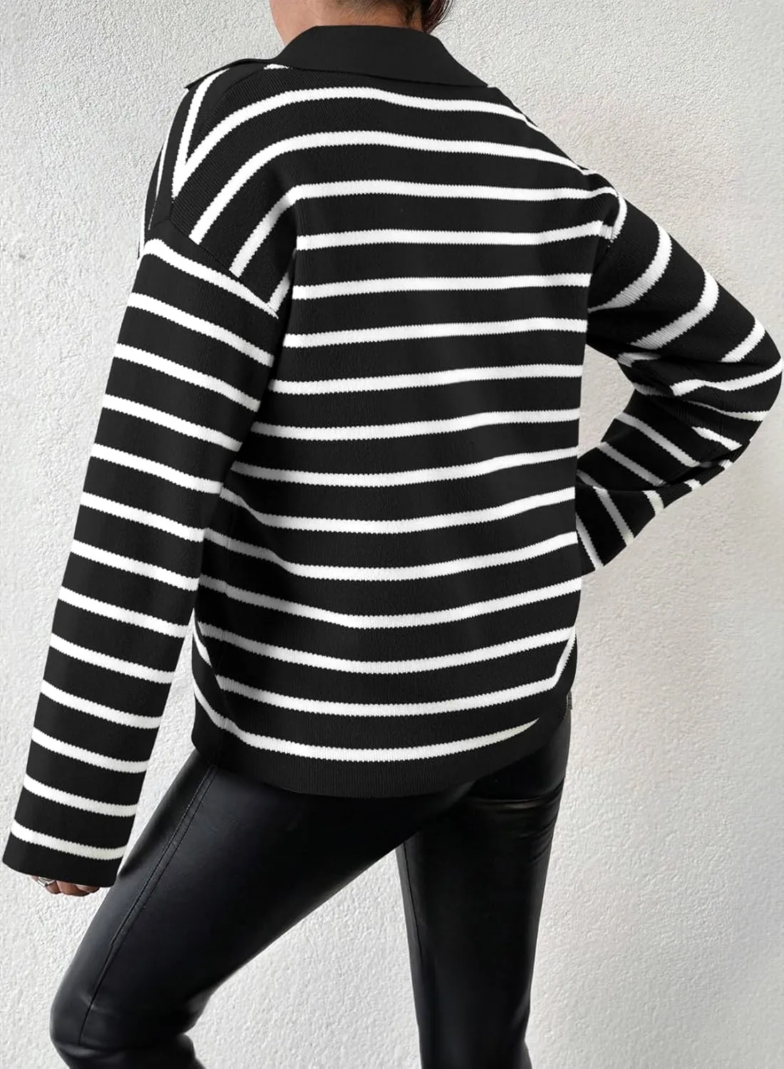 EVALESS Sweaters for Women Long Sleeve V Neck Striped Knit Drop Shoulder Fall Jumper 2025 Henley Pullover