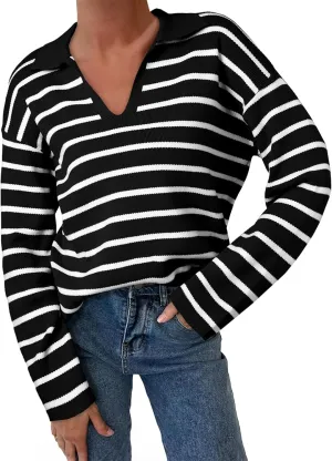 EVALESS Sweaters for Women Long Sleeve V Neck Striped Knit Drop Shoulder Fall Jumper 2025 Henley Pullover