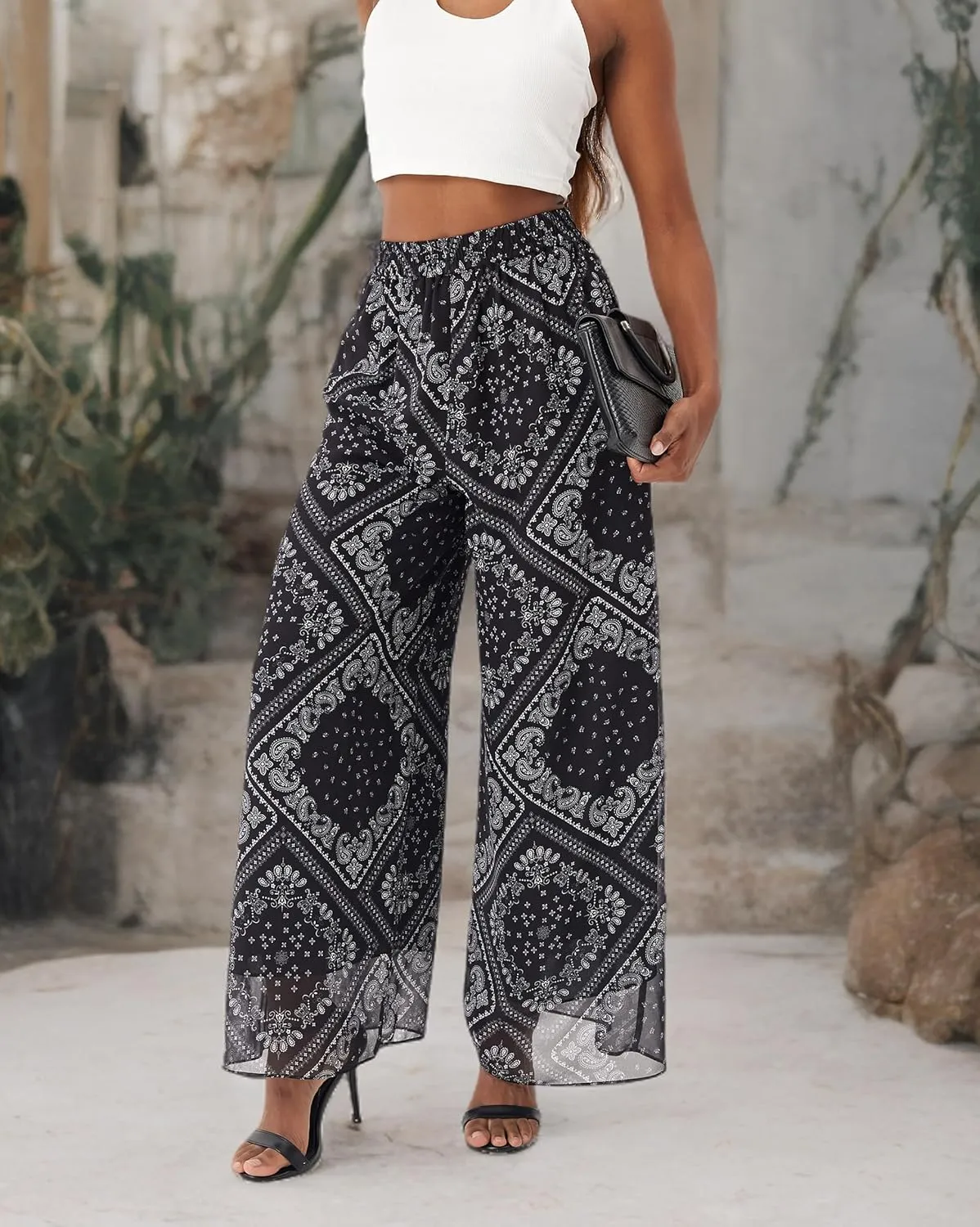 Fakanhui Women's Chiffon Wide Leg Palazzo Pants High Elastic Waist Casual Flowy Business Trousers