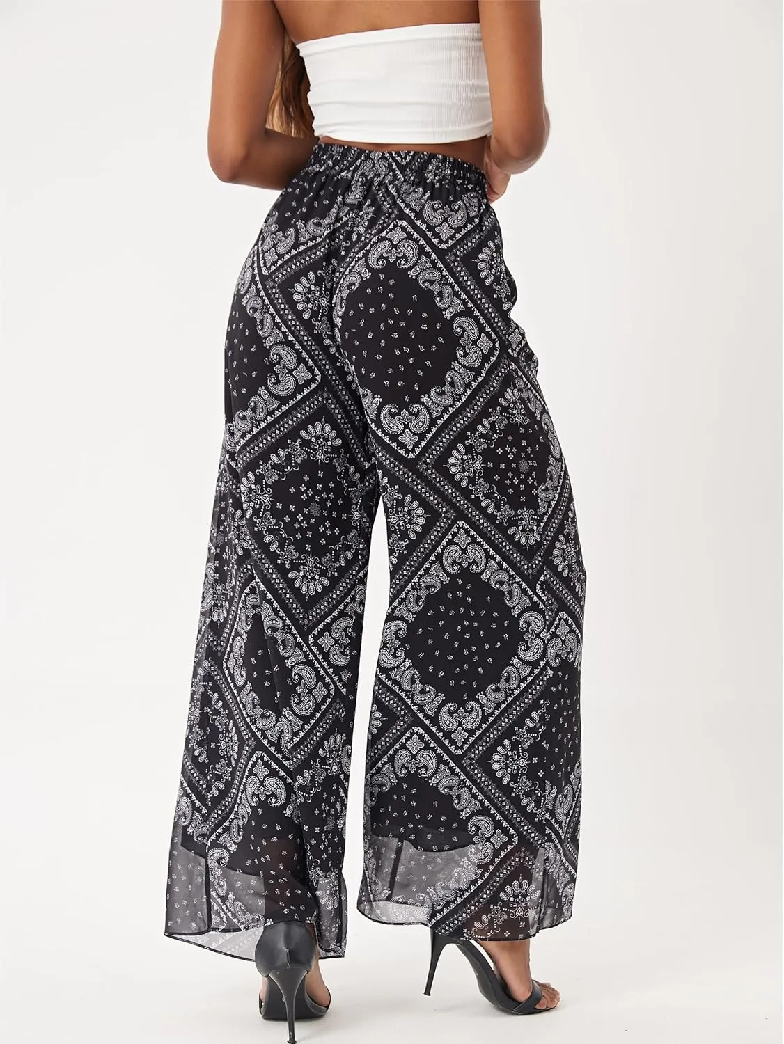 Fakanhui Women's Chiffon Wide Leg Palazzo Pants High Elastic Waist Casual Flowy Business Trousers