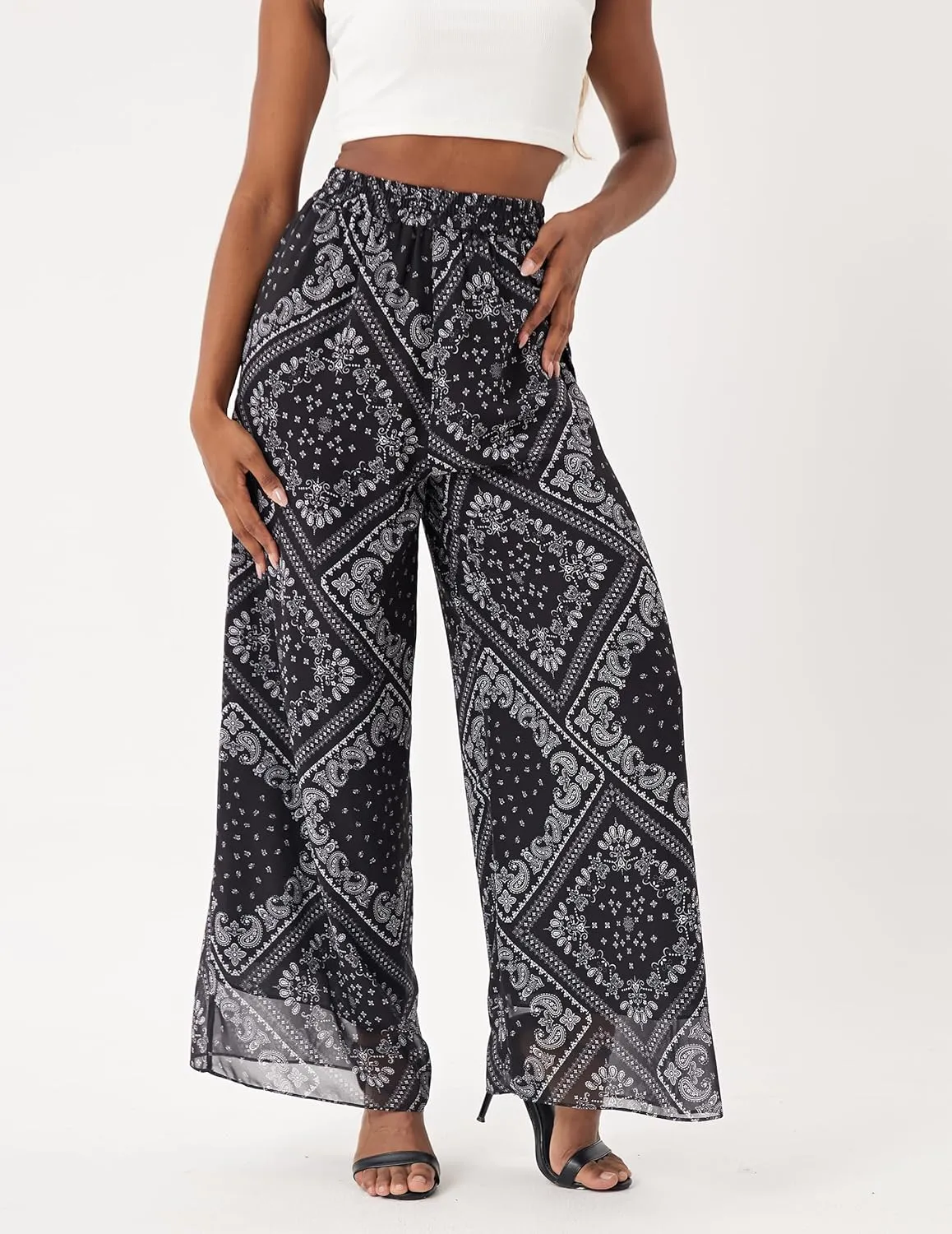 Fakanhui Women's Chiffon Wide Leg Palazzo Pants High Elastic Waist Casual Flowy Business Trousers