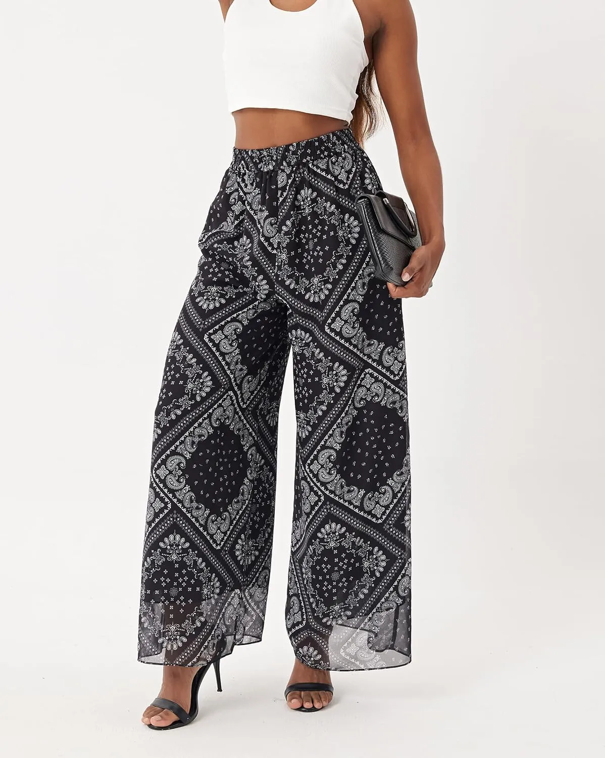 Fakanhui Women's Chiffon Wide Leg Palazzo Pants High Elastic Waist Casual Flowy Business Trousers