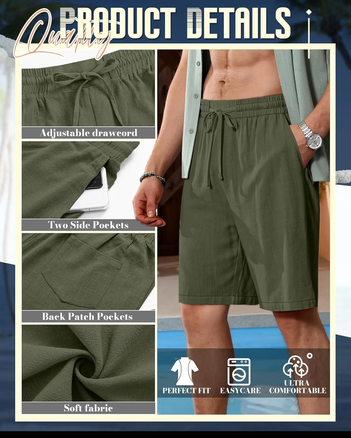 Ficerd 2 Pack Men's Cotton Linen Shorts, Elastic Waist Beach Pants with Drawstring Pockets Summer Casual Gym Vacation Shorts