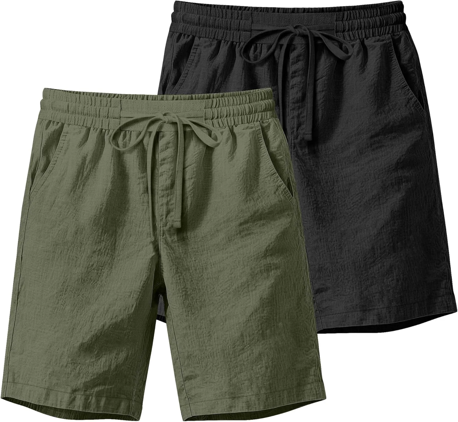 Ficerd 2 Pack Men's Cotton Linen Shorts, Elastic Waist Beach Pants with Drawstring Pockets Summer Casual Gym Vacation Shorts