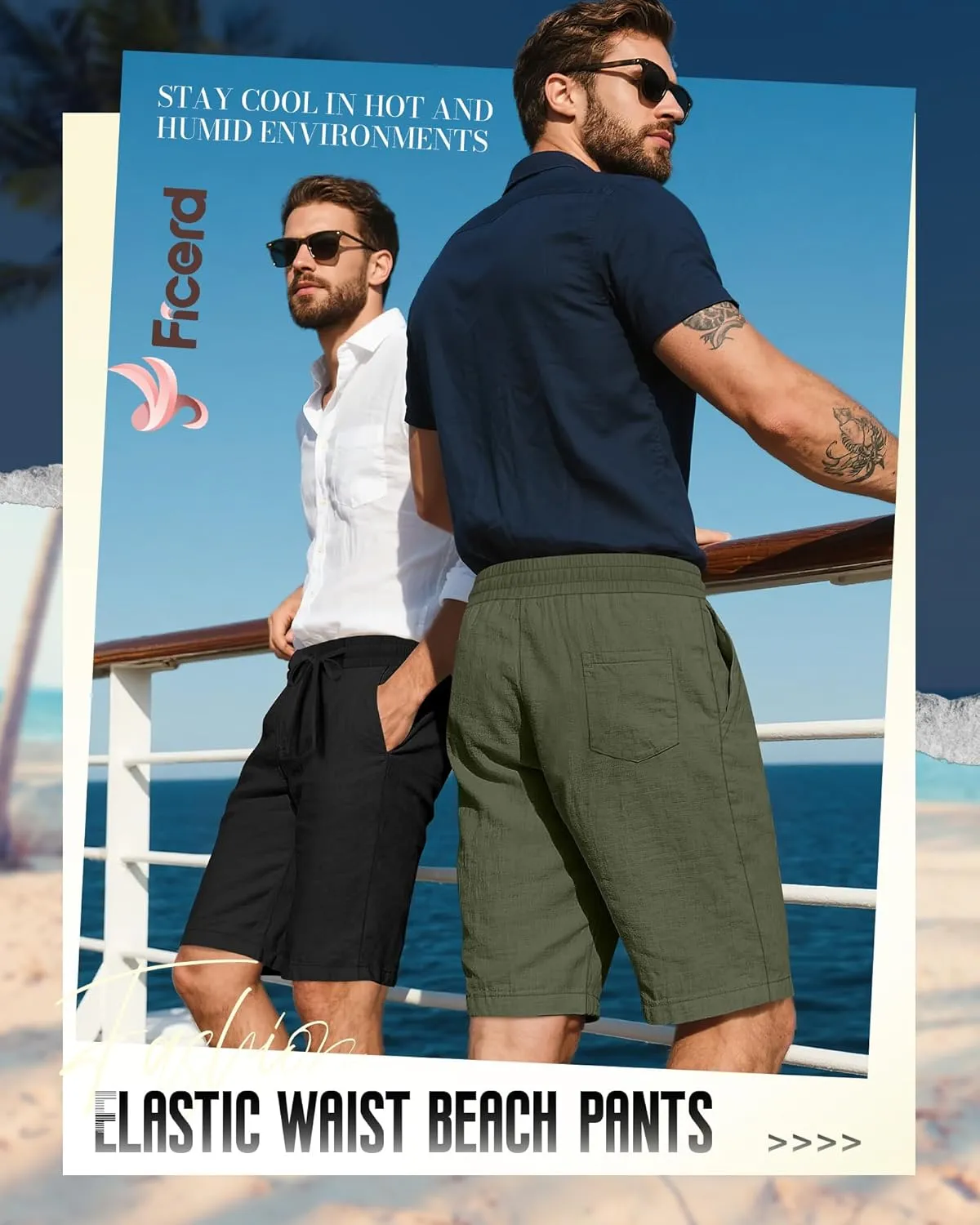 Ficerd 2 Pack Men's Cotton Linen Shorts, Elastic Waist Beach Pants with Drawstring Pockets Summer Casual Gym Vacation Shorts