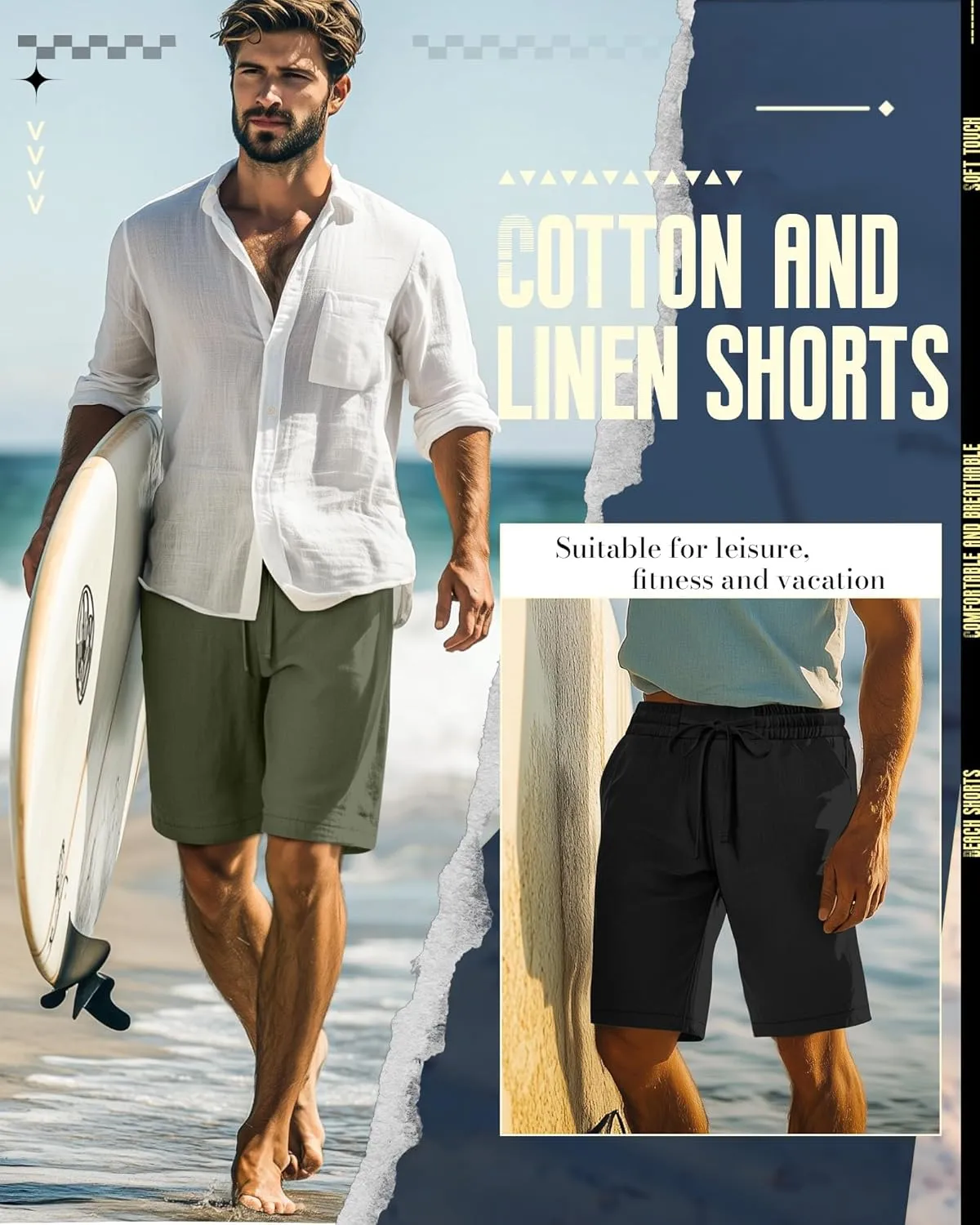 Ficerd 2 Pack Men's Cotton Linen Shorts, Elastic Waist Beach Pants with Drawstring Pockets Summer Casual Gym Vacation Shorts