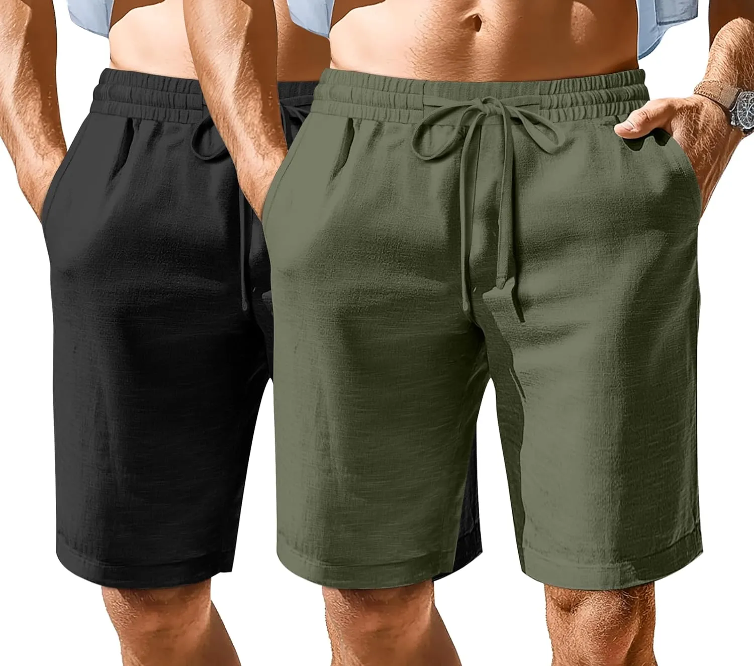 Ficerd 2 Pack Men's Cotton Linen Shorts, Elastic Waist Beach Pants with Drawstring Pockets Summer Casual Gym Vacation Shorts