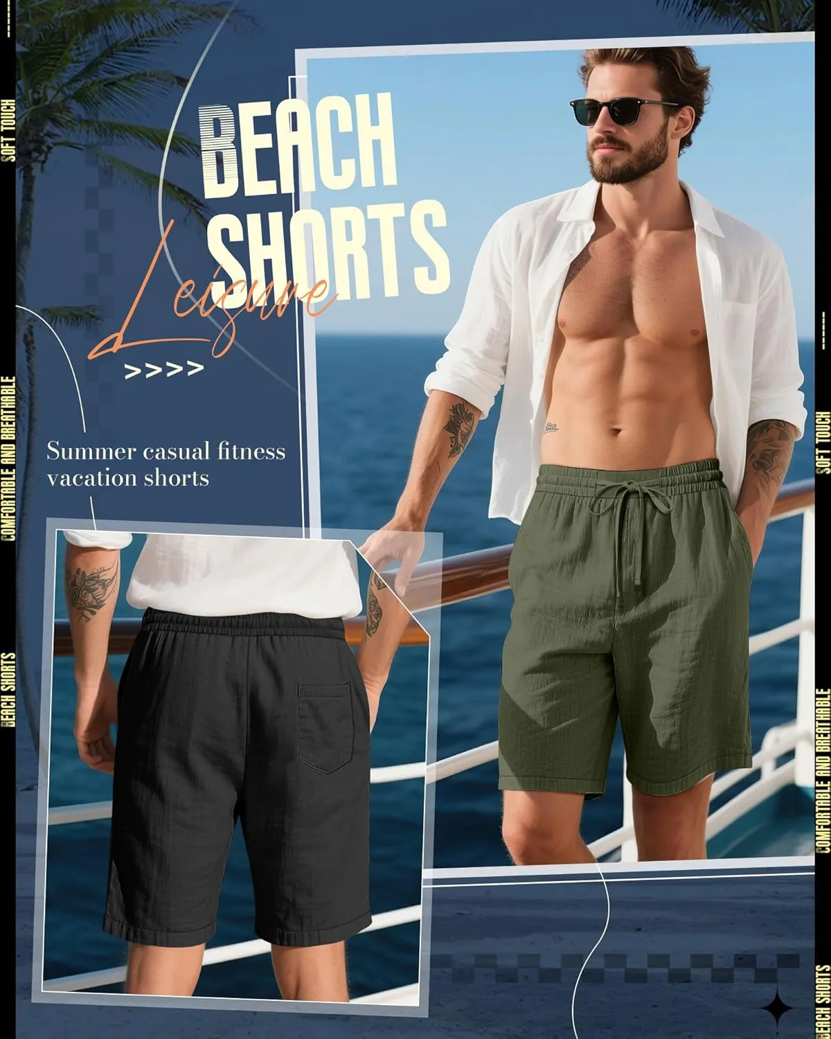 Ficerd 2 Pack Men's Cotton Linen Shorts, Elastic Waist Beach Pants with Drawstring Pockets Summer Casual Gym Vacation Shorts