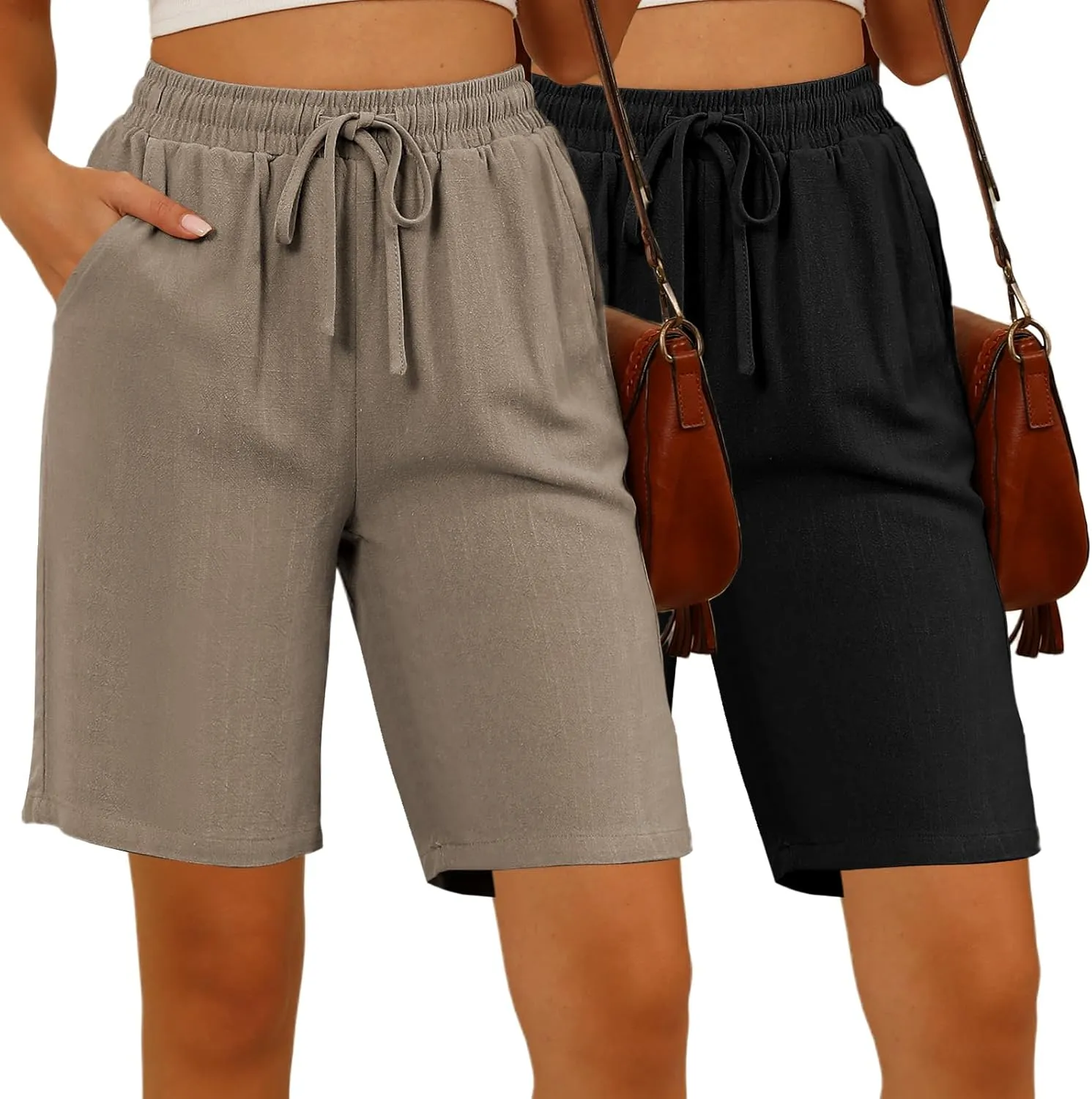 Ficerd 2 Pack Women's Linen Shorts Casual Drawstring Bermuda Summer Wide Leg Knee Length Shorts with Pockets