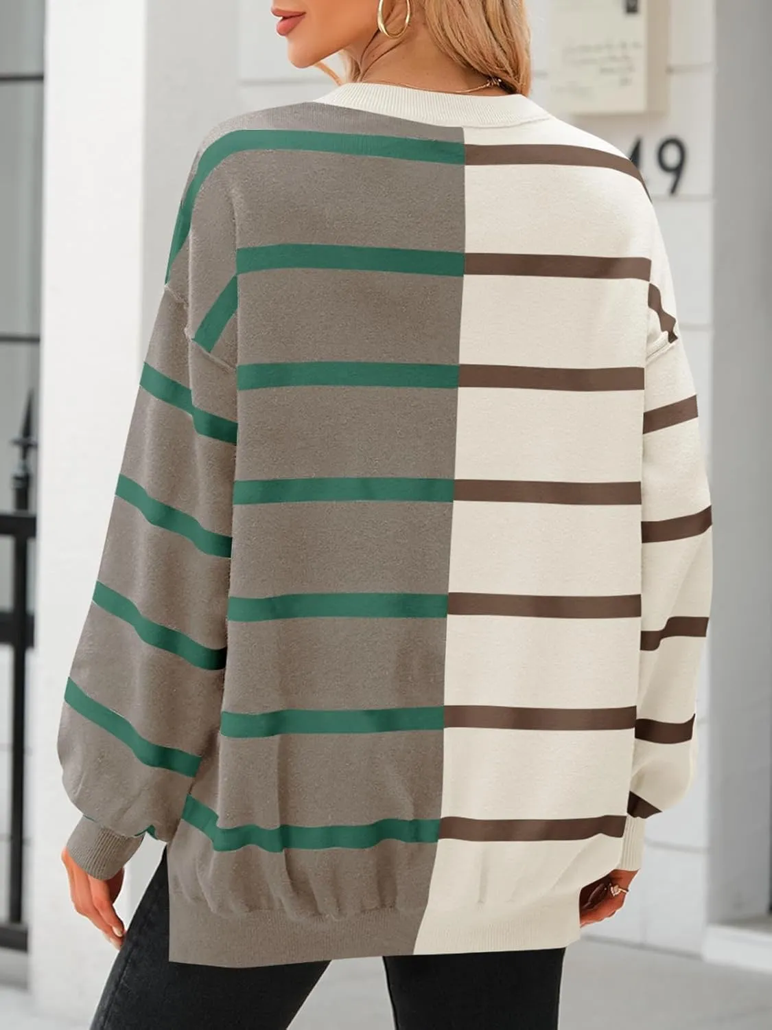 Fisoew Womens Striped Pullover Sweater Crew Neck Long Sleeve Knitted Color Block Casual Loose Lightweight Sweaters for Women