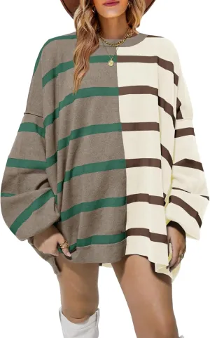 Fisoew Womens Striped Pullover Sweater Crew Neck Long Sleeve Knitted Color Block Casual Loose Lightweight Sweaters for Women