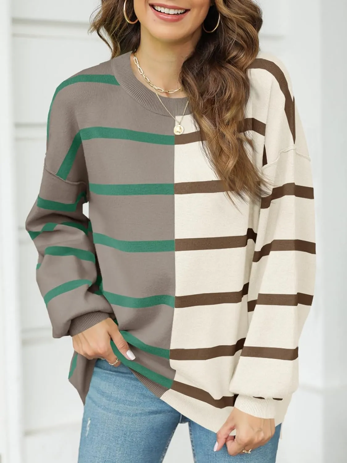 Fisoew Womens Striped Pullover Sweater Crew Neck Long Sleeve Knitted Color Block Casual Loose Lightweight Sweaters for Women