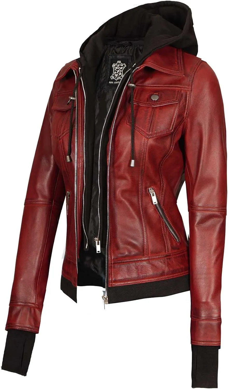 fjackets Leather Jackets For Women - Removable Hood & Bomber Real Lambskin Leather Jacket Womens