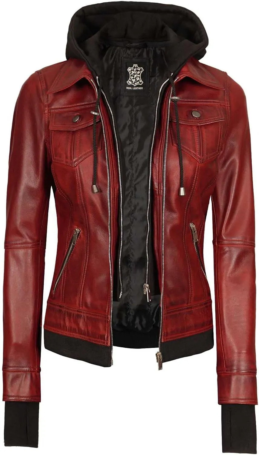 fjackets Leather Jackets For Women - Removable Hood & Bomber Real Lambskin Leather Jacket Womens