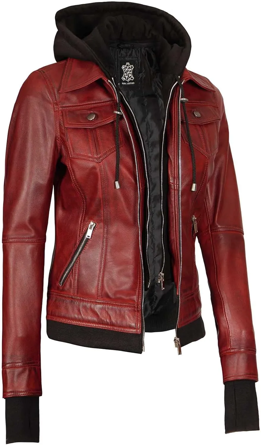 fjackets Leather Jackets For Women - Removable Hood & Bomber Real Lambskin Leather Jacket Womens