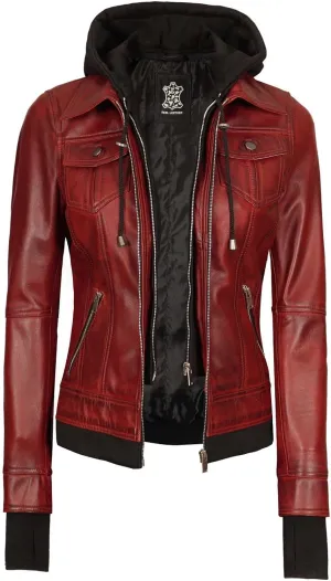 fjackets Leather Jackets For Women - Removable Hood & Bomber Real Lambskin Leather Jacket Womens