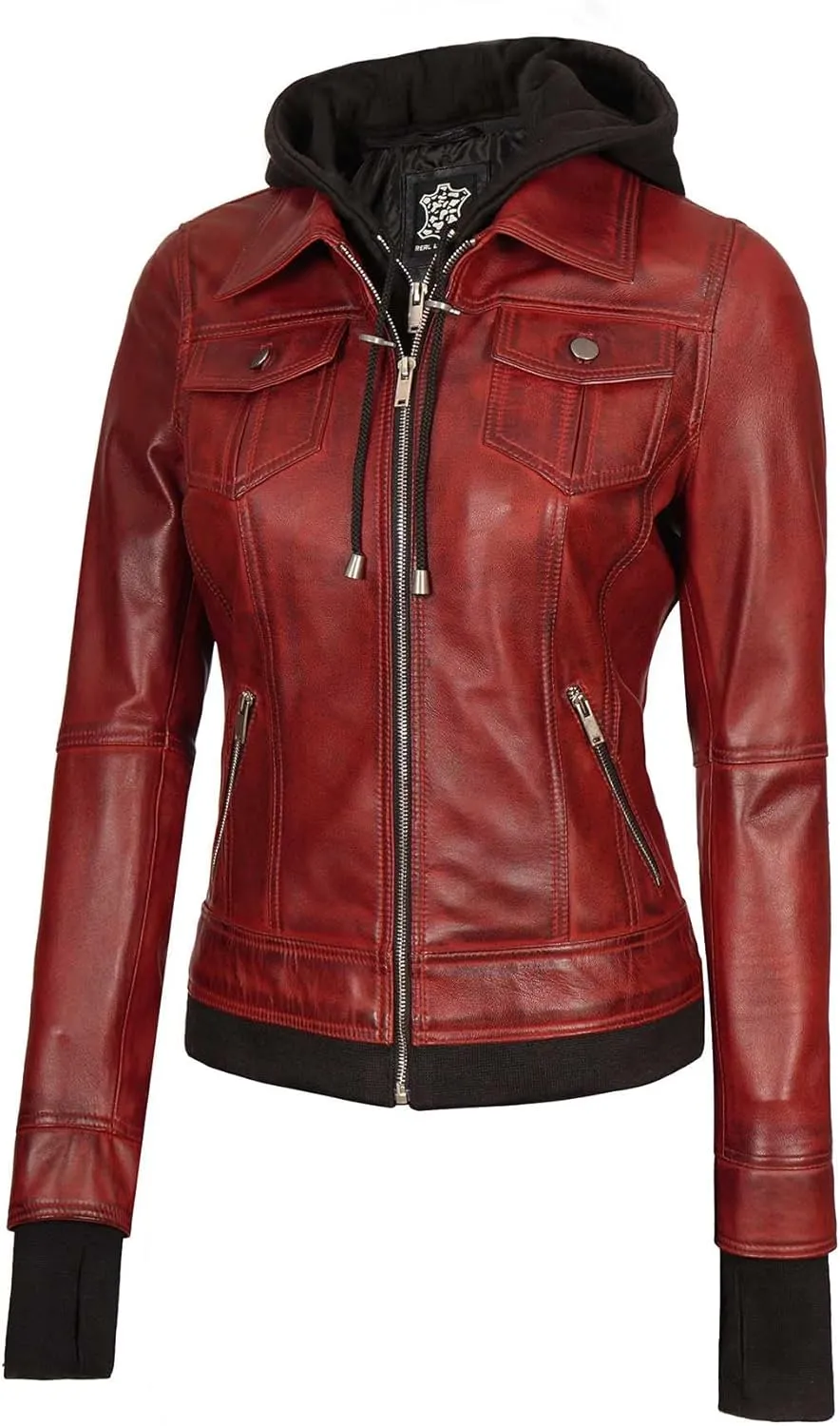 fjackets Leather Jackets For Women - Removable Hood & Bomber Real Lambskin Leather Jacket Womens