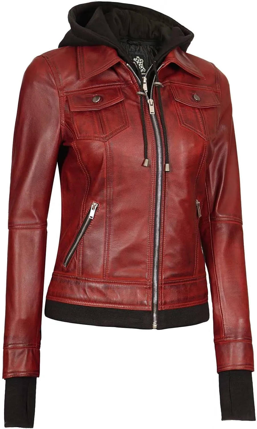 fjackets Leather Jackets For Women - Removable Hood & Bomber Real Lambskin Leather Jacket Womens