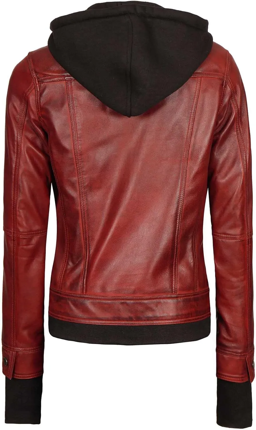 fjackets Leather Jackets For Women - Removable Hood & Bomber Real Lambskin Leather Jacket Womens