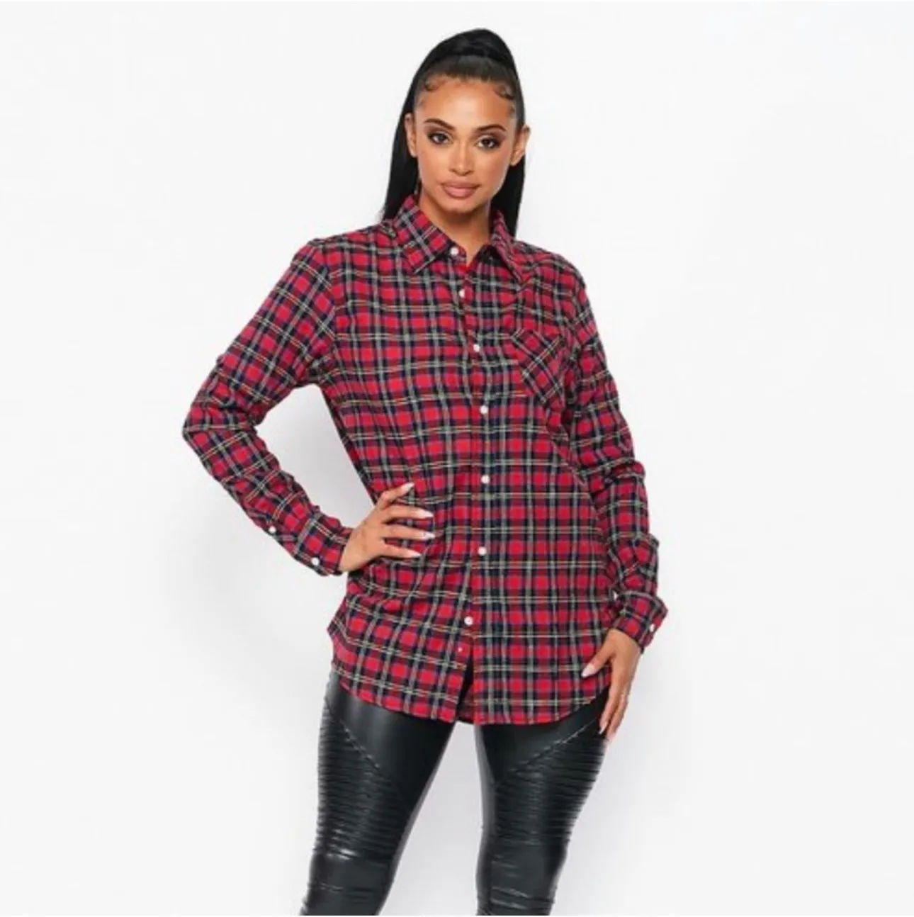 Flannel Babe Unisex Multi Red Plaid Long Sleeve Oversized Button Down Shirt