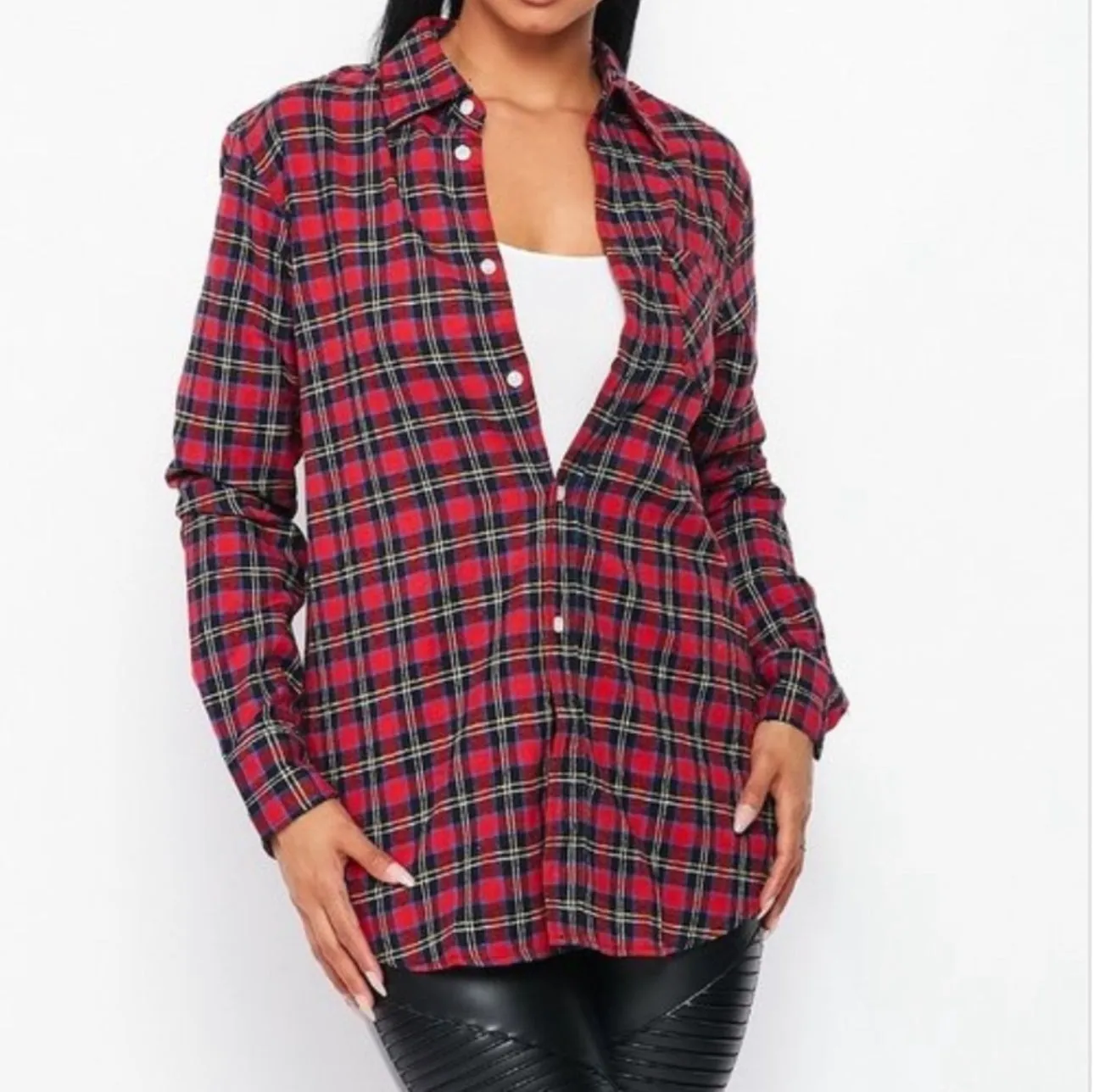 Flannel Babe Unisex Multi Red Plaid Long Sleeve Oversized Button Down Shirt